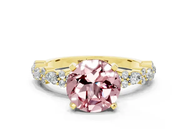 Round Cut Morganite Side Stone Solitaire Ring with Round and Four-Prong Setting Yellow gold