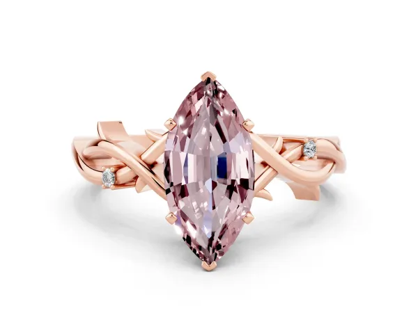Marquise Cut Morganite Solitaire Ring with Milgrain Pavé Band and Four-Prong Setting Rose gold