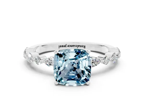 Cushion Cut Aquamarine Ring with Marquise and Round Side Stones and Four-Prong Setting Platinum