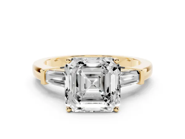 Asscher Cut Cut Diamond Solitaire Ring with Tapered Baguette Accents and Four-Prong Setting Yellow gold