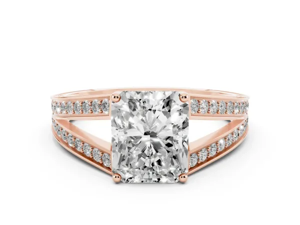 Radiant Cut Diamond Split Shank Ring with Pavé Band and Four-Prong Setting Rose gold