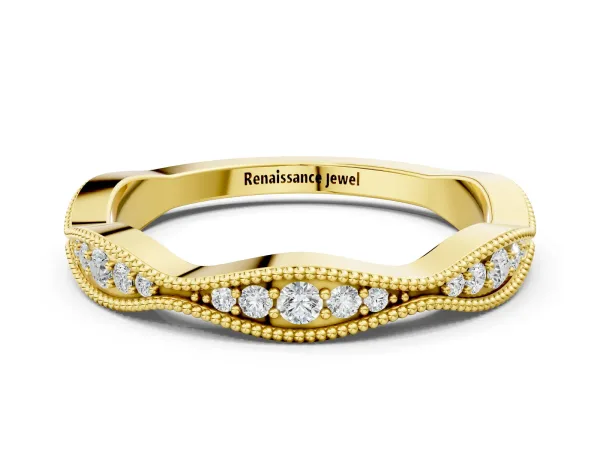 Milgrain Diamond Marquise Curved Band with Pavé Setting Yellow gold