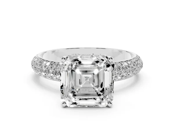 Asscher Cut Diamond Solitaire Ring with Prong Setting and Pavé Band Platinum