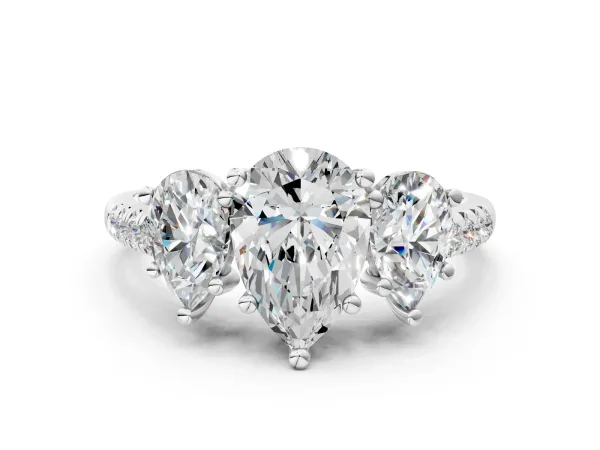 Three-Stone Pear Cut Diamond Ring with Round Moissanite Pavé Band and Prong Setting White gold