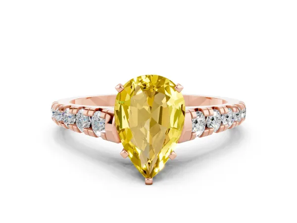 Pear Cut Yellow Sapphire Cathedral Solitaire Ring with Round Pavé Band Rose gold