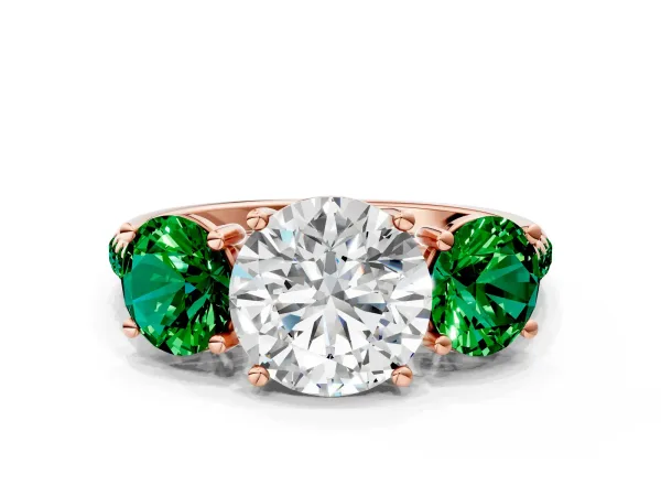 Three-Stone Round Cut Diamond Ring with Round Emerald Pavé Band and Prong Setting Rose gold