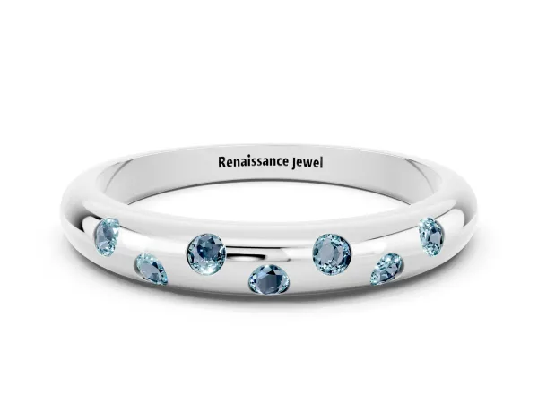 Round Aquamarine Flush-Set Comfort Fit Band Platinum