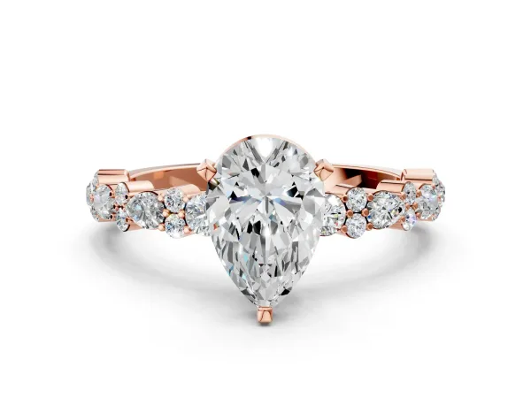 Pear Cut Diamond Side Stone Solitaire Ring with Round Moissanite and Four-Prong Setting Rose gold
