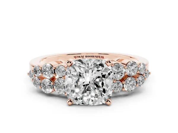 Cushion Cut Cluster Diamond Engagement Ring with Pavé Band and Four-Prong Setting Rose gold