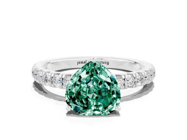 Heart Cut Green Sapphire Pave Band Solitaire Ring with Round and Prong Setting Platinum