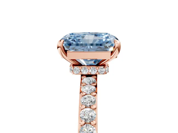 Fancy Blue Radiant Cut Diamond Solitaire Engagement Ring with Pavé Band and Four-Prong Setting Rose gold