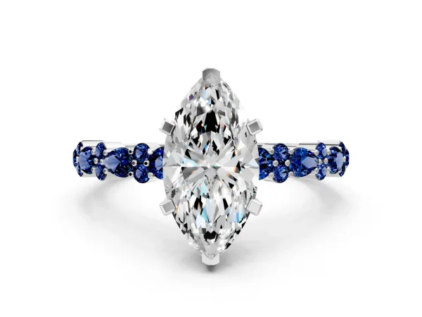 Marquise Cut Diamond Side Stone Solitaire Ring with Round Blue Sapphire and Four-Prong Setting White gold