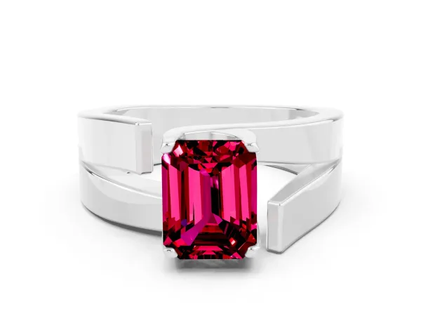 Modern Tension Set Emerald Cut Garnet Solitaire Wide Band Ring Platinum