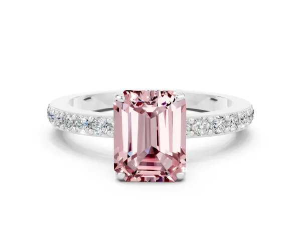 Emerald Cut Morganite Solitaire Engagement Ring with Pavé Band and Four-Prong Setting Platinum