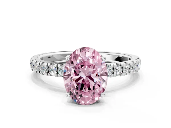 Fancy Pink Oval Cut Diamond Pave Band Solitaire Ring with Round and Prong Setting White gold