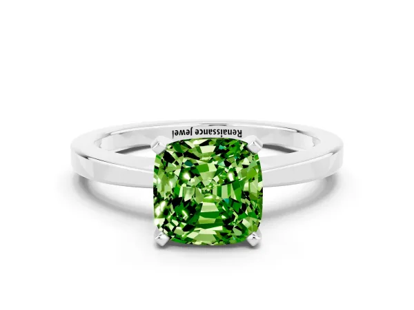 Cushion Cut Peridot Solitaire Engagement Ring with Classic Band and Four-Prong Setting Silver