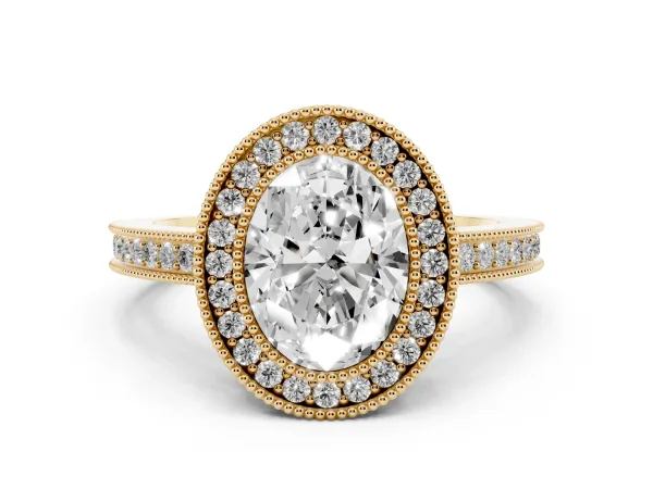 Oval Cut Cut Halo Diamond Ring with Pavé Band and Milgrain Prong Setting Yellow gold