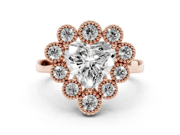 Heart Cut Halo Diamond Cluster Engagement Ring with Milgrain Bezel Setting and Solitaire Band Rose gold