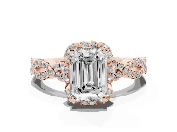 Emerald Cut Halo Twist Band Solitaire Ring with Six-Prong Setting Rose gold