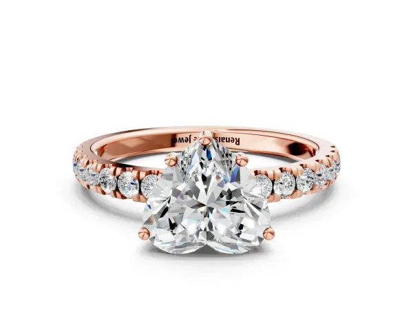 Heart Cut Diamond Pave Band Solitaire Ring with Round Moissanite and Prong Setting Rose gold