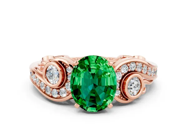 Oval Cut Emerald Solitaire Ring with Milgrain Pavé Band and Four-Prong Setting Rose gold