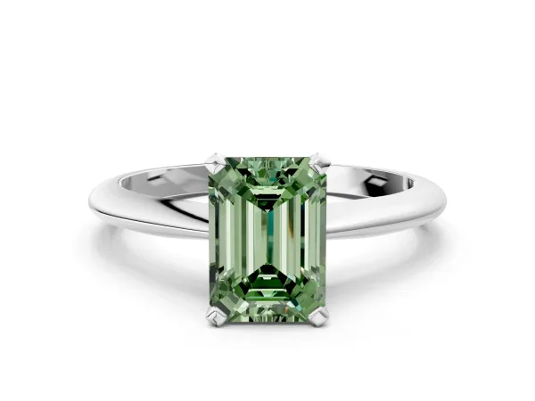 Fancy Green Emerald Cut Diamond Solitaire Engagement Ring with Classic Band and Four-Prong Setting Silver