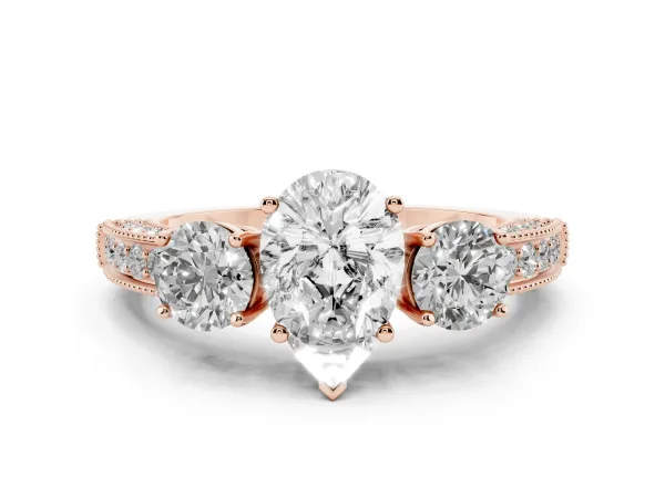 Pear Cut Three-Stone Diamond Ring with Pavé Band and Four-Prong Setting Rose gold