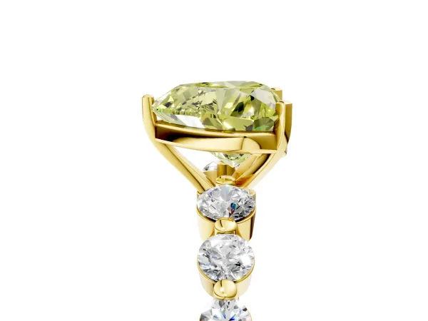 Fancy Yellow Heart Cut Solitaire Diamond Ring with Pave Band and Four-Prong Setting Yellow gold