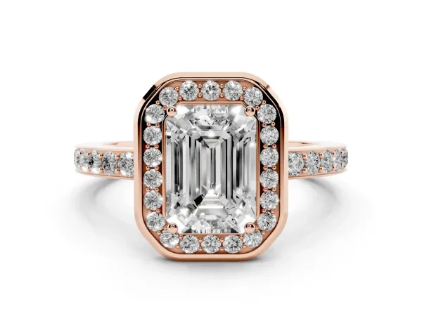 Emerald Cut Diamond Halo Ring with Bezel Frame and Pavé Band Rose gold