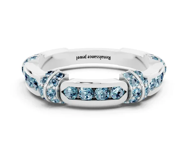 Pavé Round Aquamarine Link Band with Bezel Setting Platinum