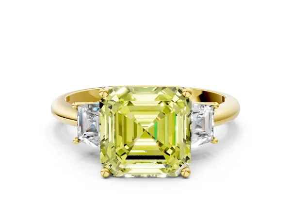 Fancy Yellow Asscher Cut Diamond Three-Stone Ring with Trapezoid Side Stones and Prong Setting Yellow gold