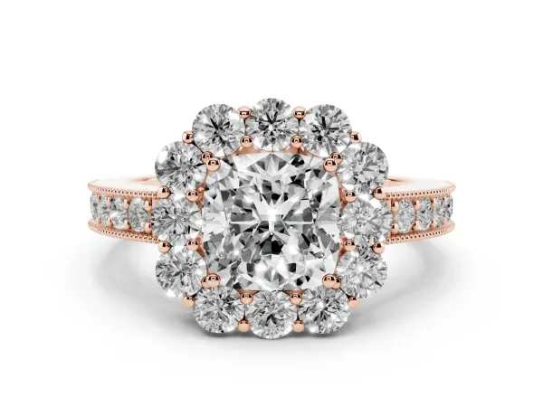 Cushion Cut Cut Halo Diamond Pavé Engagement Ring with Milgrain Detailing Rose gold
