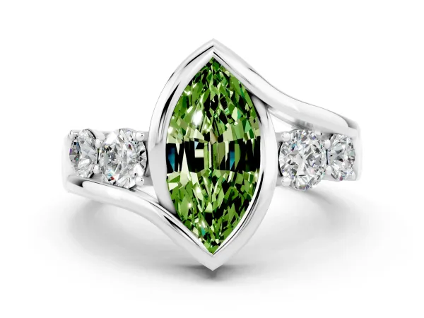 Bezel Set Marquise Cut Peridot Bypass Ring with Round Accents Platinum