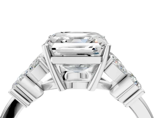 Asscher Cut Diamond Floral Cluster Ring with Solitaire Band and Prong Setting Platinum