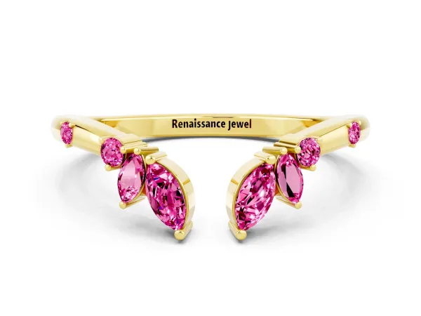 Open Marquise Cluster Pink Sapphire Band with Prong Setting Yellow gold