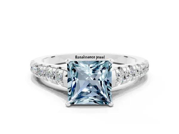Princess Cut Aquamarine Cathedral Solitaire Ring with Round Pavé Band Platinum