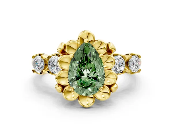 Fancy Green Pear Cut Cut Diamond Floral Halo Engagement Ring with Shared Prong Setting Yellow gold