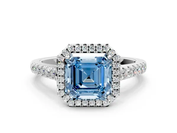 Fancy Blue Asscher Cut Halo Pave Diamond Engagement Ring with Four-Prong Setting Platinum