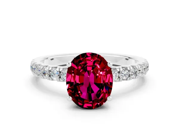 Oval Cut Garnet Pave Band Solitaire Ring with Round and Prong Setting White gold