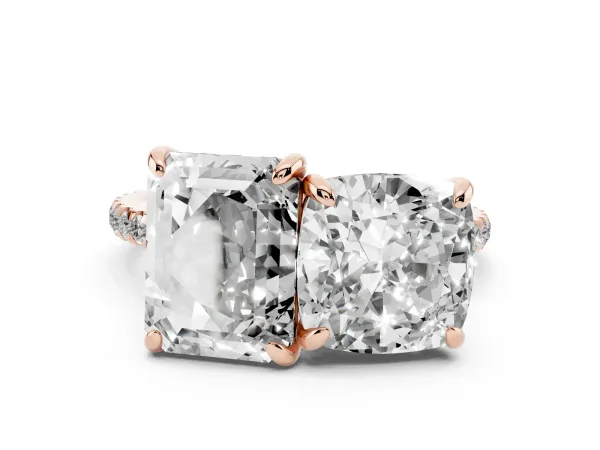 Cushion and Emerald Toi Moi Ring with Prong Setting and Micro Pave Band Rose gold