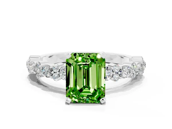 Emerald Cut Peridot Side Stone Solitaire Ring with Round and Four-Prong Setting White gold