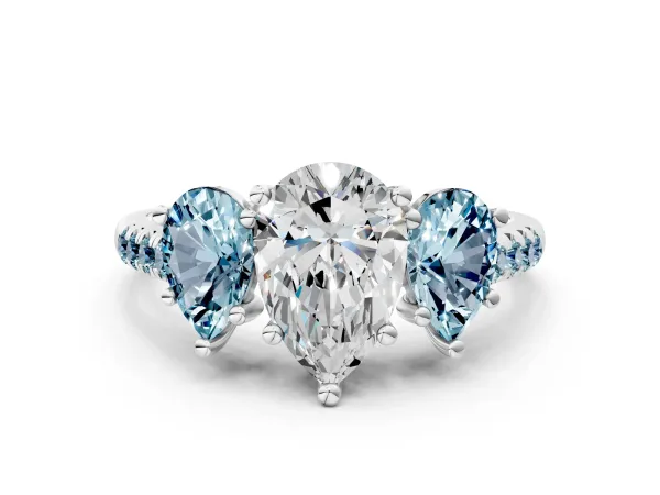 Three-Stone Pear Cut Diamond Ring with Round Aquamarine Pavé Band and Prong Setting White gold