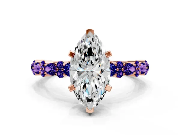 Marquise Cut Diamond Side Stone Solitaire Ring with Round Tanzanite and Four-Prong Setting Rose gold
