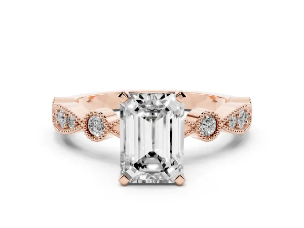 Emerald Cut Milgrain Bezel Diamond Engagement Ring with Solitaire Prong Setting Rose gold