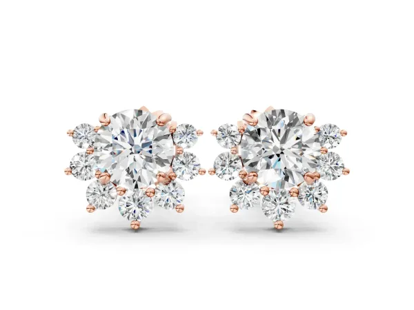 Cluster Round Diamond Stud Earrings with White Gold Band and Four-Prong Setting Rose gold