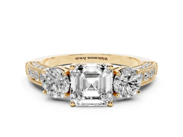 Asscher Cut Three-Stone Diamond Ring with Pavé Band and Four-Prong Setting Yellow gold