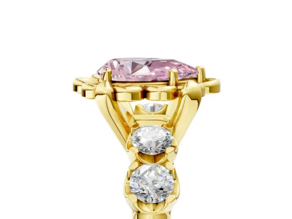 Fancy Pink Pear Cut Cut Diamond Floral Halo Engagement Ring with Shared Prong Setting Yellow gold