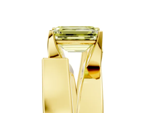 Fancy Yellow Modern Tension Set Emerald Cut Diamond Solitaire Wide Band Ring Yellow gold