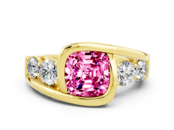 Bezel Set Cushion Cut Pink Sapphire Bypass Ring with Round Accents Yellow gold