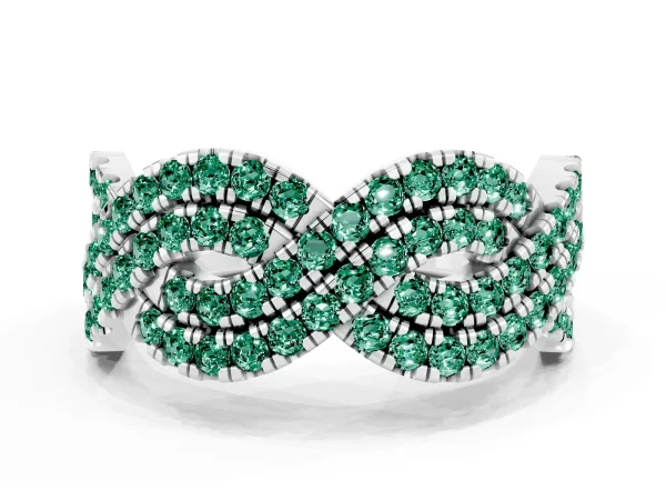 Pavé Round Green Sapphire Infinity Twist Band with Shared Prong Setting Platinum